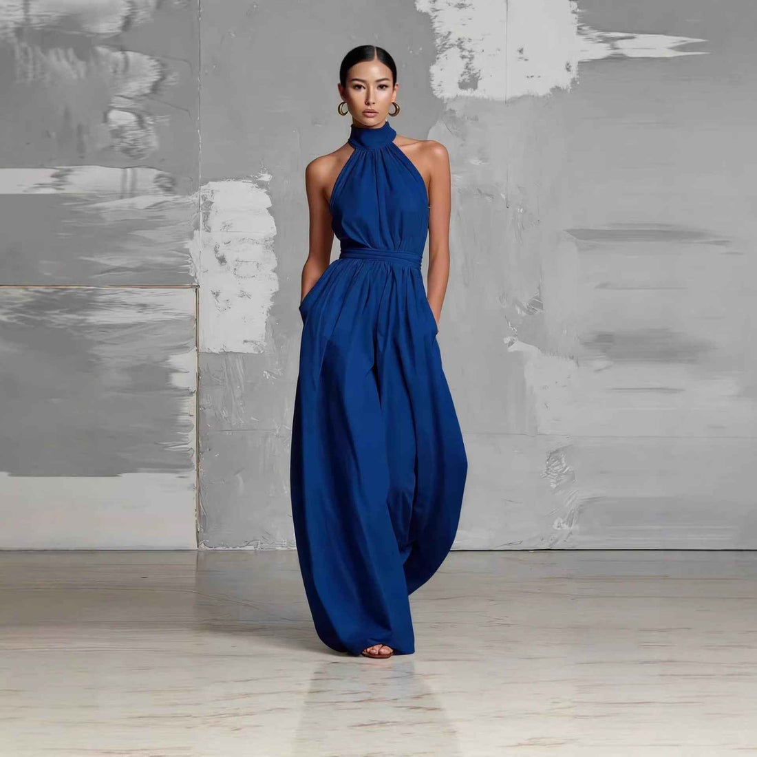 Fashionable And Elegant Belted Pleated Jumpsuit With A Cinched Waist