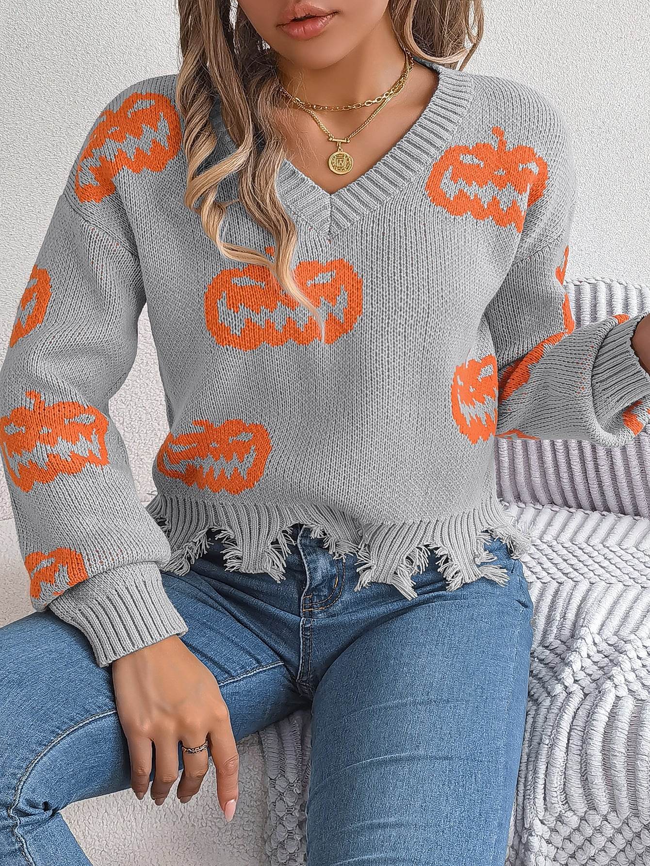Halloween Contrast Color Pumpkin Cut Long Sleeve Sweater - Velora