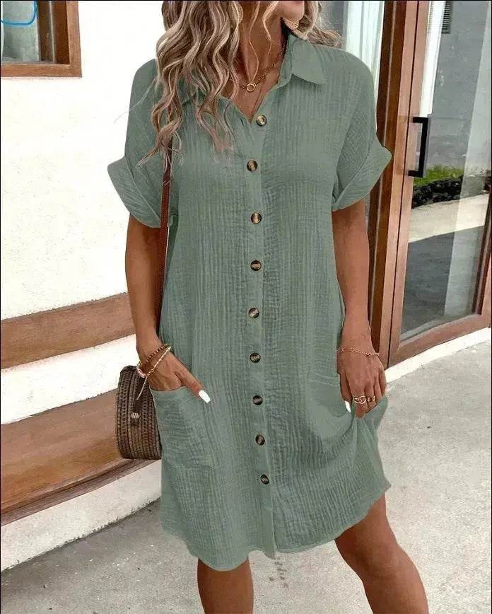 Womens Button Down Shirt Dress Summer Cotton Linen Dress V-Neck Mini Dress Casual Short Sleeve Loose Tunic Dresses - Velora