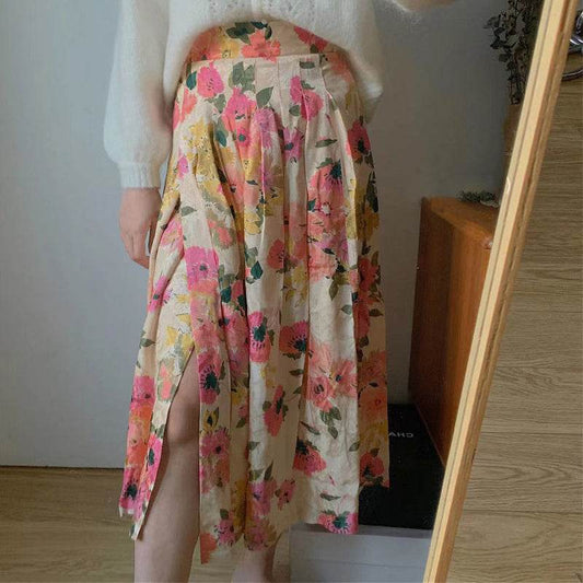 New Spring Summer Retro Pattern Midi Floral Pleated Skirt - Velora