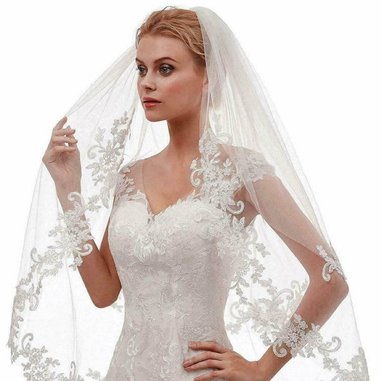 Veil White Ivory Embroidery Applique Double Rounds Comb - Velora