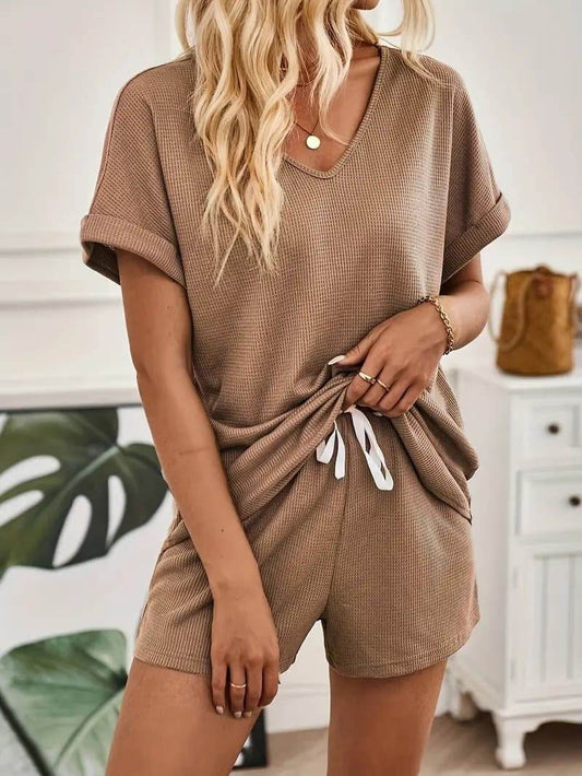 Solid Color Summer And Spring Casual Two-piece Set With V-neck Short-sleeved Top And Drawstring Shorts - Velora