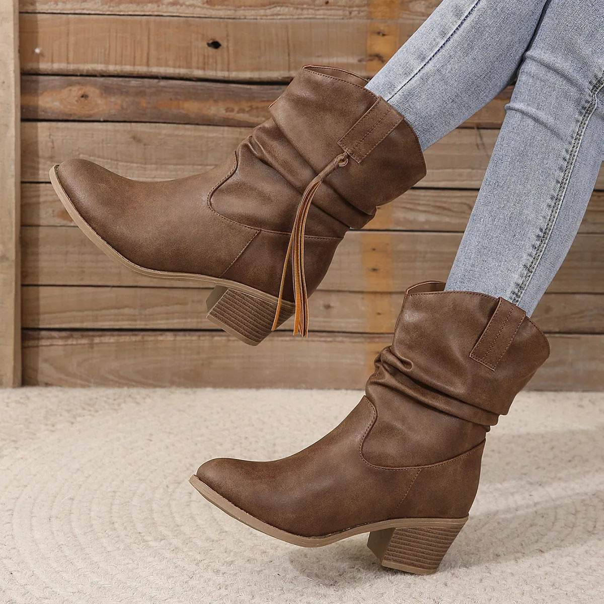 Retro Tassel Boots Winter Thick Square Heel Mid-calf Knight Western Boots Woman Fashion Shoes - Velora