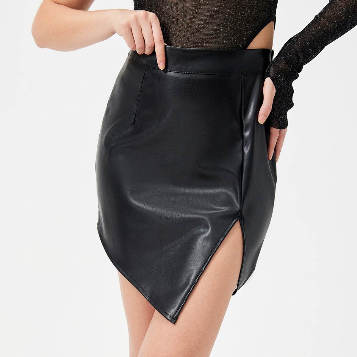 High Fashion Hot Girl Mid Waist Mini Split leather Skirt - Velora