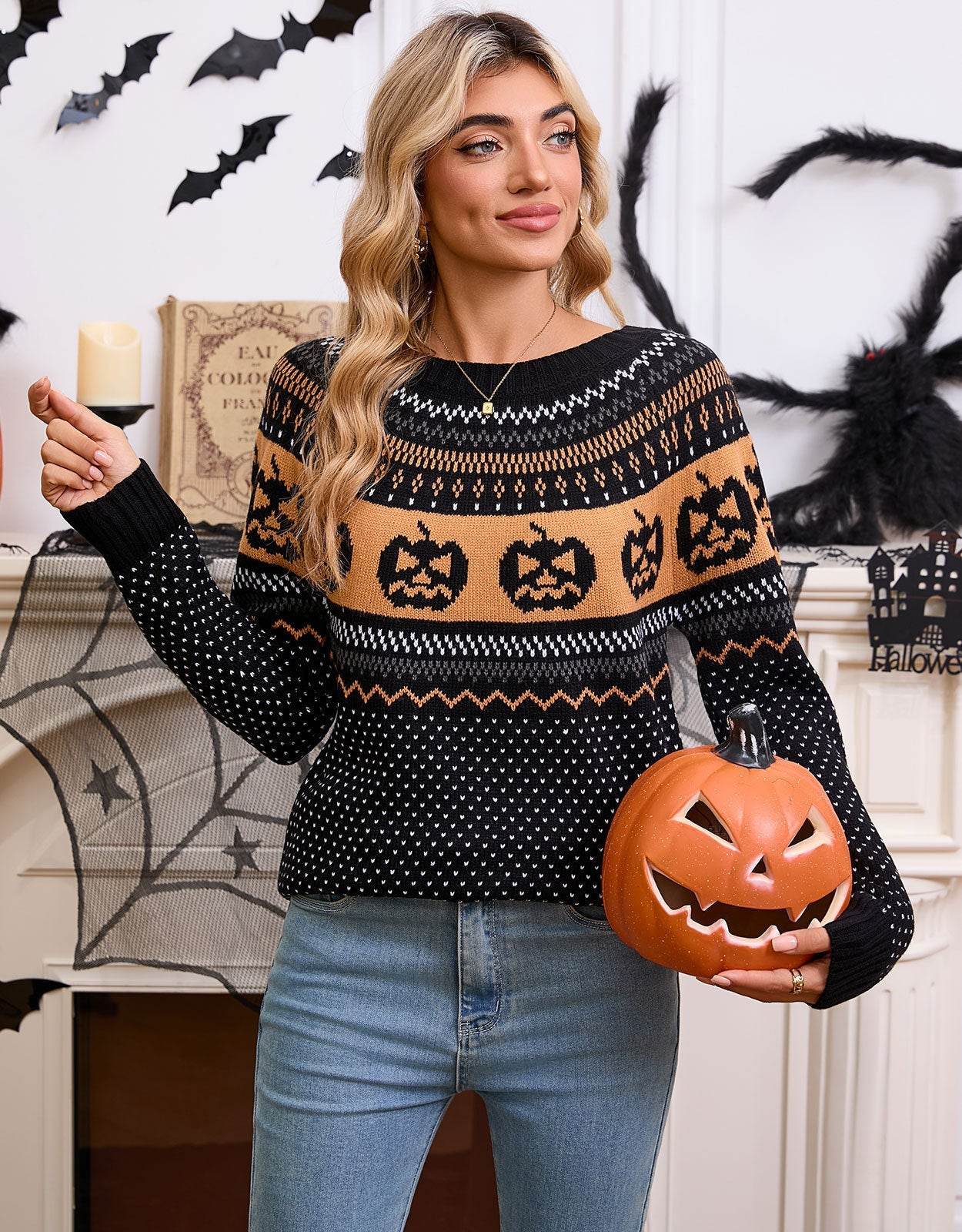 Women's Halloween Pumpkin Embroidered Retro Long-sleeved Sweater - Velora