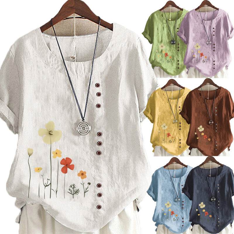 Casual Summer Beach Cotton And Linen Printed Elegant Short Sleeve blouse Top Women - Velora