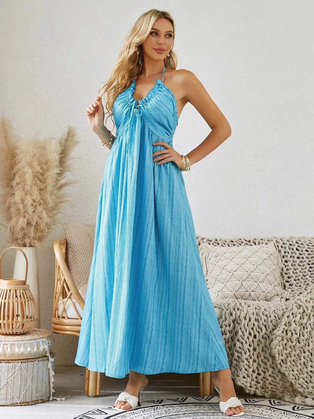 Bohemian Halter Maxi Dress - Women's Summer Sleeveless Flowy Beach Dress - Velora