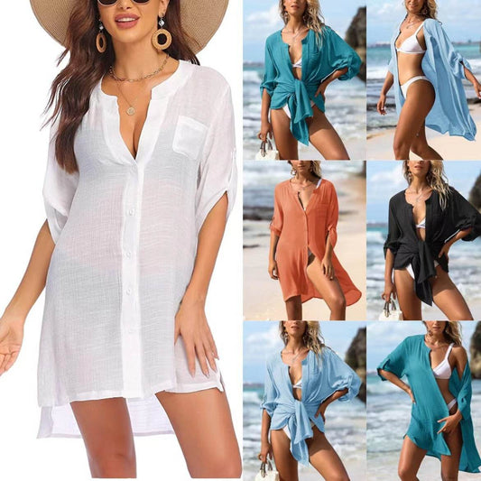 European And American Sun Protection Women Beach Linen Shirt dress - Velora