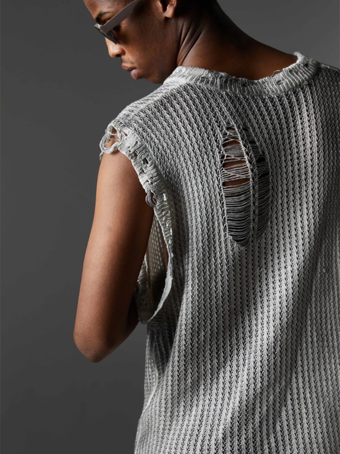 Men's Distressed Knit Vest with Frayed Edges - Velora