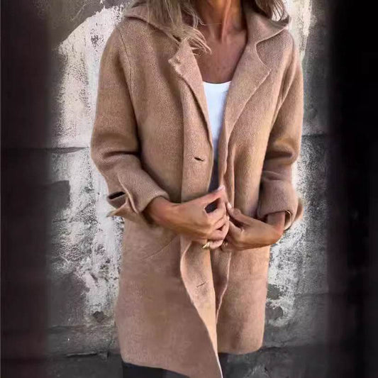 Lapel Single Breasted Cardigan With Pockets Fashion Color Solid Mid-Length Outwear Coat Womens Clothing - Velora