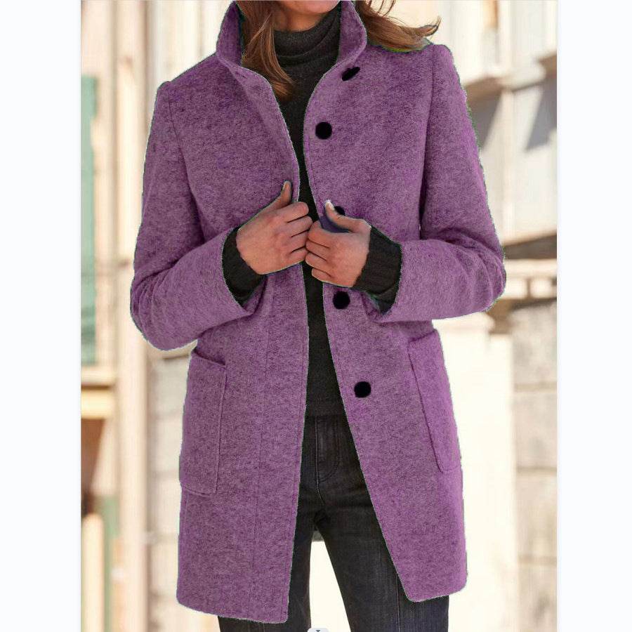 Fashion Stand Collar Woolen Coat With Pockets Fall Winter Casual Button Outwear For Women Clothing - Velora