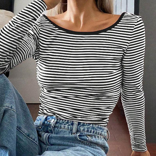Contrast Color Striped Bare Back All-matching Slim Fit Bottoming Shirt Top - Velora