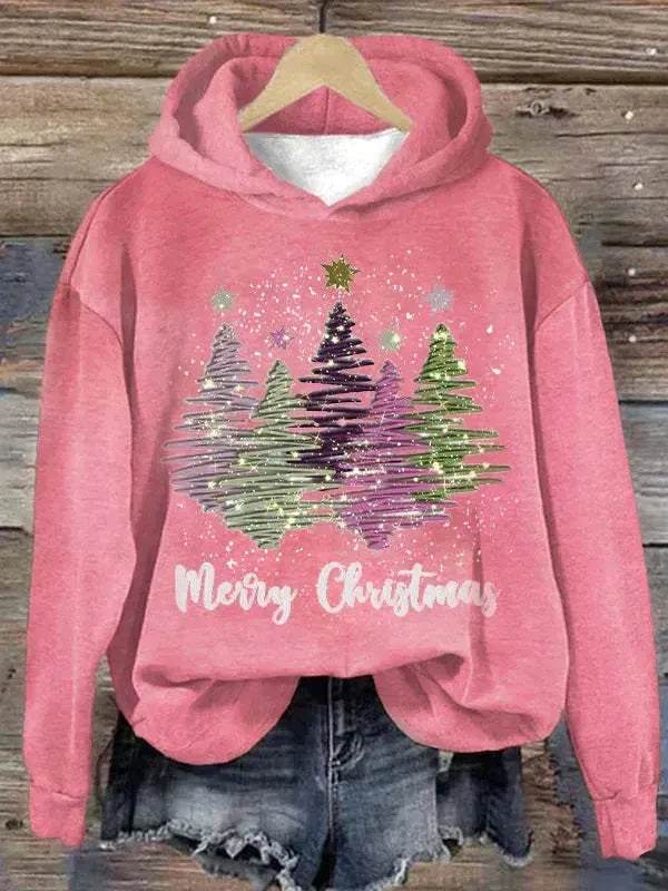 Round Neck Hooded Long Sleeve Four Christmas Trees Loose Hoodie Sweatshirt - Velora