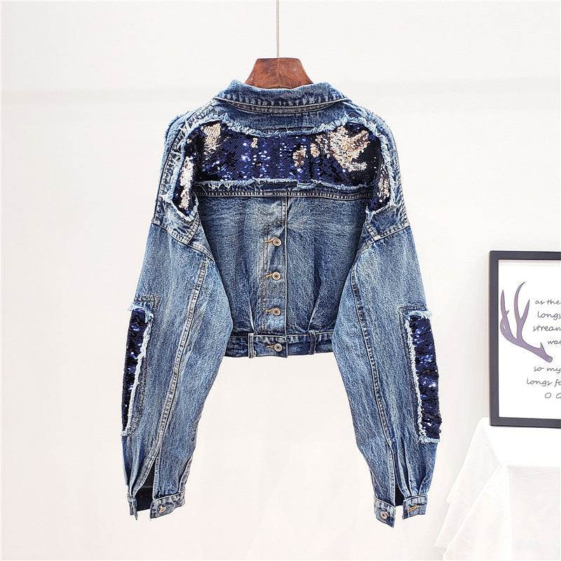 Heavy Industry Sequins Short Doll Sleeve Denim Jacket Women - Velora