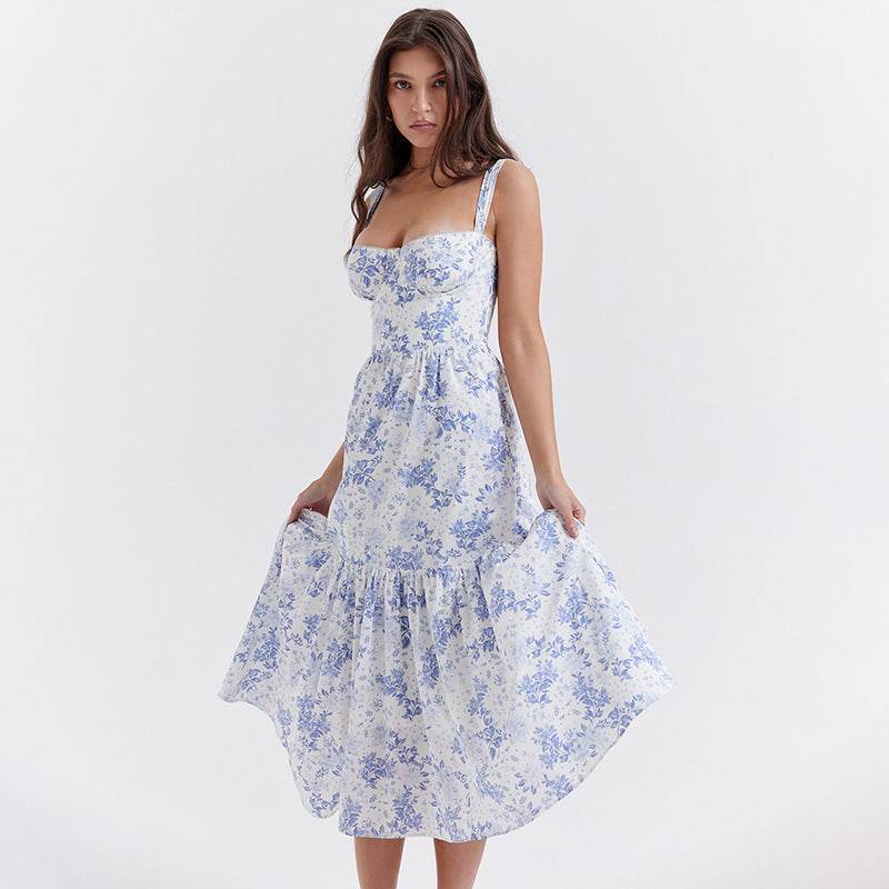 Spring And Summer Comely Pastoral Style Sling Floral A Swing Cake Dress - Velora