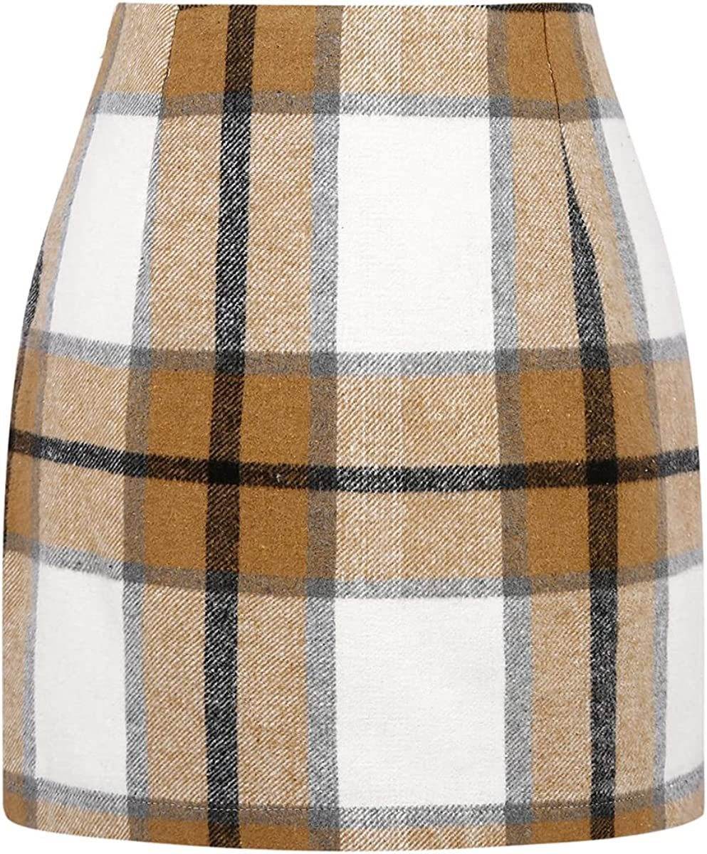 Women's High Waist Plaid Tight Pencil Wool Mini Skirt - Velora
