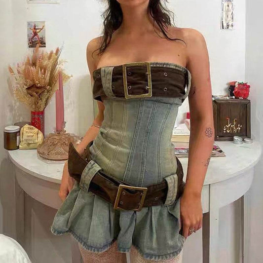 Women's Fashion Strapless Tube Top Mini Denim Club Dress - Velora