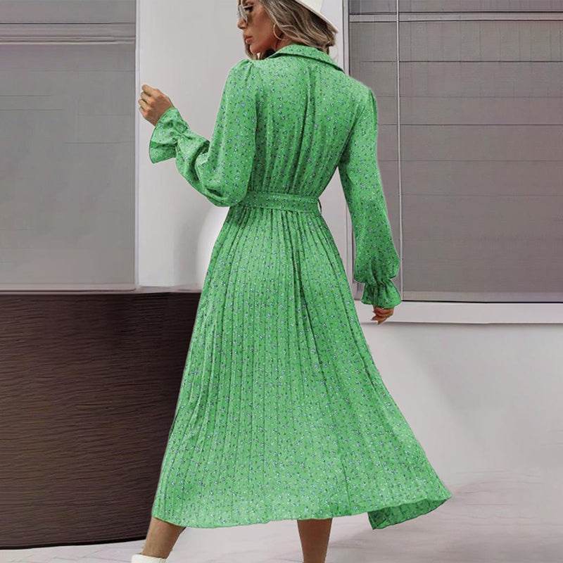 Women's Long Sleeve Midi Dress V Neck Button Down Belted A-Line Flowy - Velora