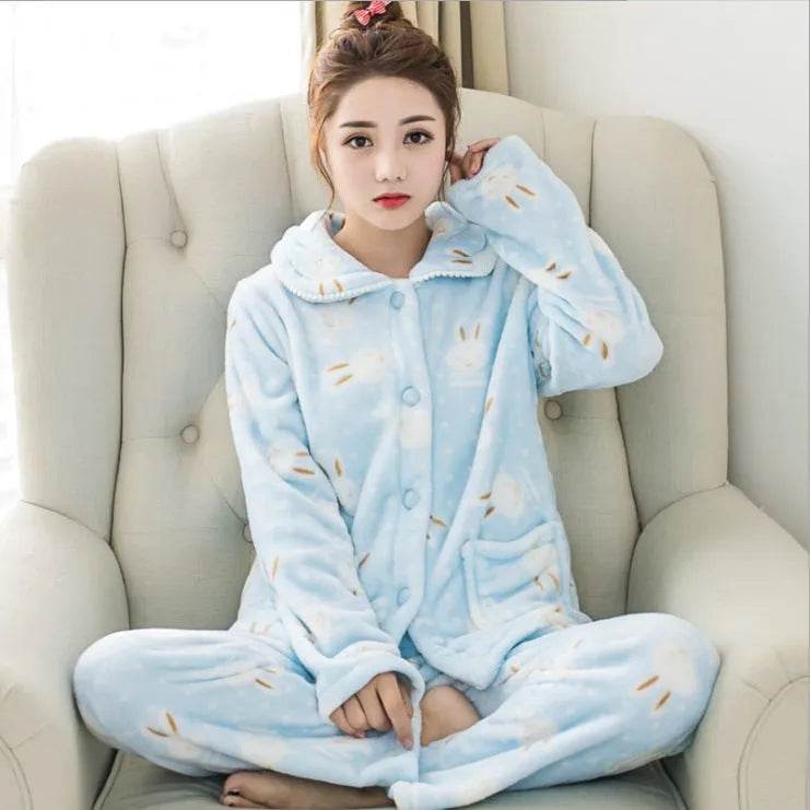 Women Coral Velvet Fleece Pajamas Fall Winter Loungewear Flannel Sleepwear - Velora