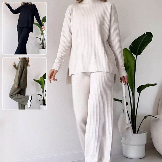 Turtleneck Knitted Suit Loose Split Design Long-sleeved Top And Straight Trousers Fashion Casual Solid Set Women's Clothing - Velora