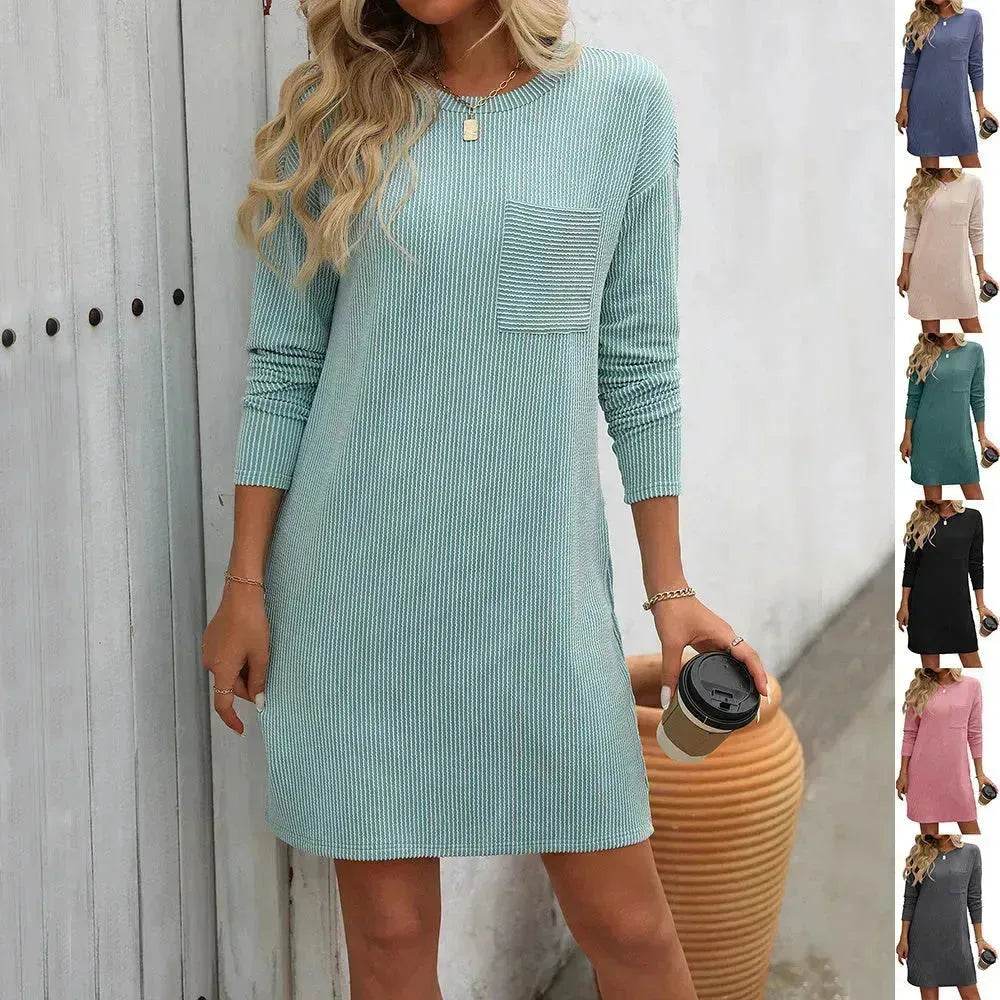 Casual New Solid Color Striped With Pockets Long Sleeve Loose Mini Dress Fashion Round Neck Straight Dress Women's Clothing - Velora