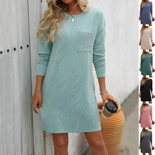 Casual New Solid Color Striped With Pockets Long Sleeve Loose Mini Dress Fashion Round Neck Straight Dress Women's Clothing - Velora