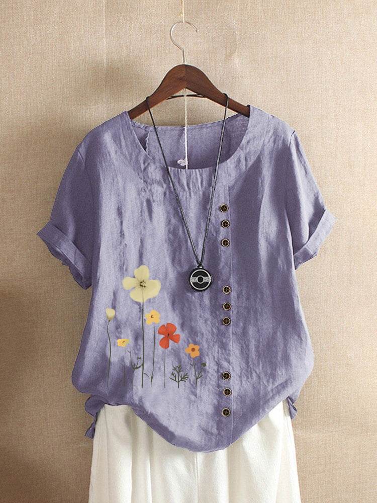 Casual Summer Beach Cotton And Linen Printed Elegant Short Sleeve blouse Top Women - Velora