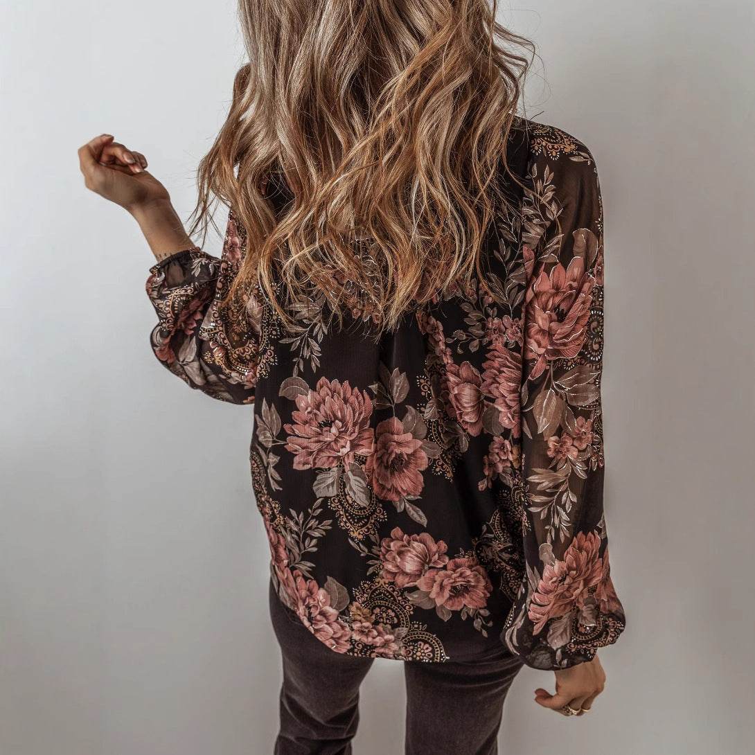 V-neck Long Sleeve Top Floral Print Women's Chiffon blouse Women - Velora