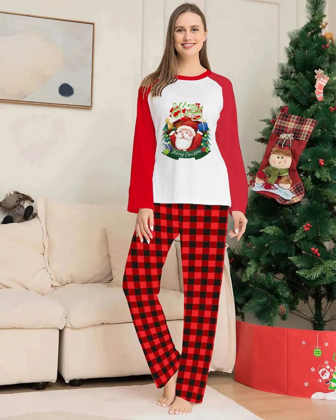 Christmas Parent-Child Clothes Set Long Sleeve T-Shirt Plaid Pants Family Matching Pajamas - Velora