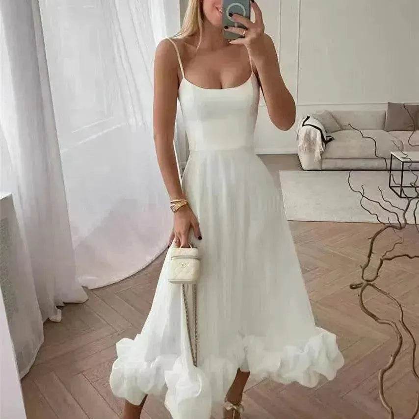 Fashion Suspenders Large Flower Swing Three-dimensional Flower A- Line Skater Dress Womens Clothing - Velora