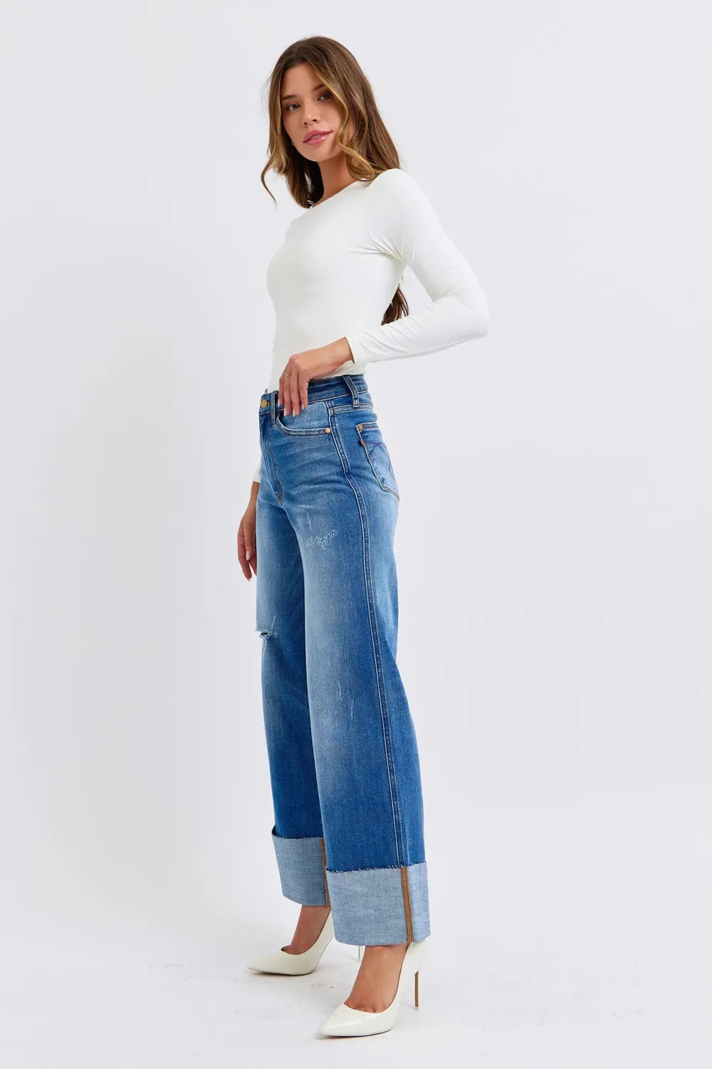 Judy Blue Full Size Distressed High Waist Wide Leg Jeans - Velora