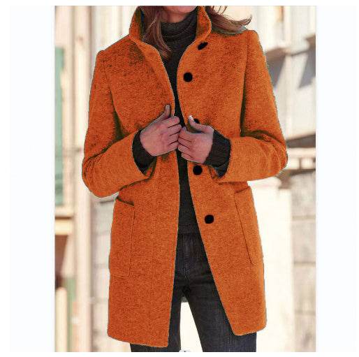 Fashion Stand Collar Woolen Coat With Pockets Fall Winter Casual Button Outwear For Women Clothing - Velora