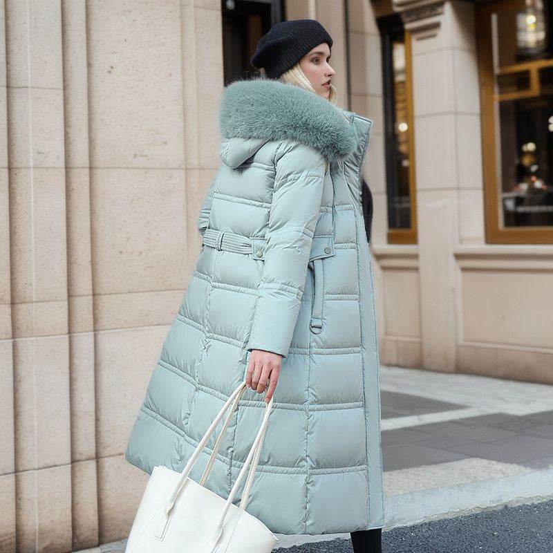 Winter Slim Long Jacket With Fur Hood And Belt Fashion Solid Hooded Coat Warm Clothing For Women - Velora