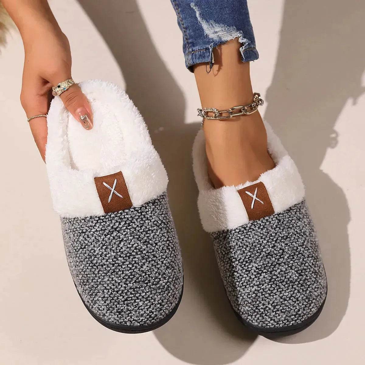 Winter Plush Slippers Fashion Thick Bottom Warm House Shoes For Women Men Indoor Bedroom Floor Slipper - Velora