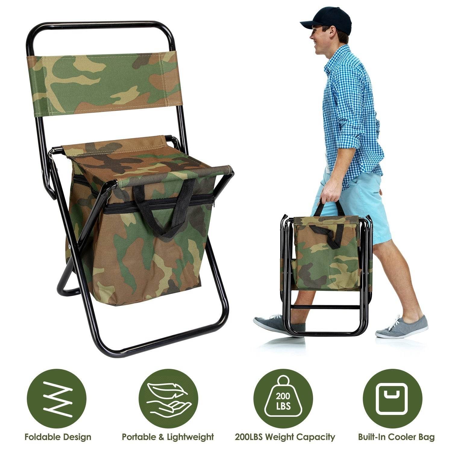 Foldable Fishing Chair With Backrest Built-In Cooler Bag Portable Handle Outdoor Lightweight Fishing Stool For Camping Hiking Hunting - Velora