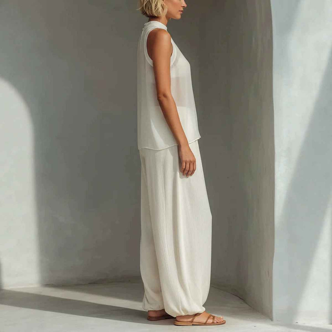 Sheer Round-neck Sleeveless Tank Top And Drawstring Wide-leg Pants Set