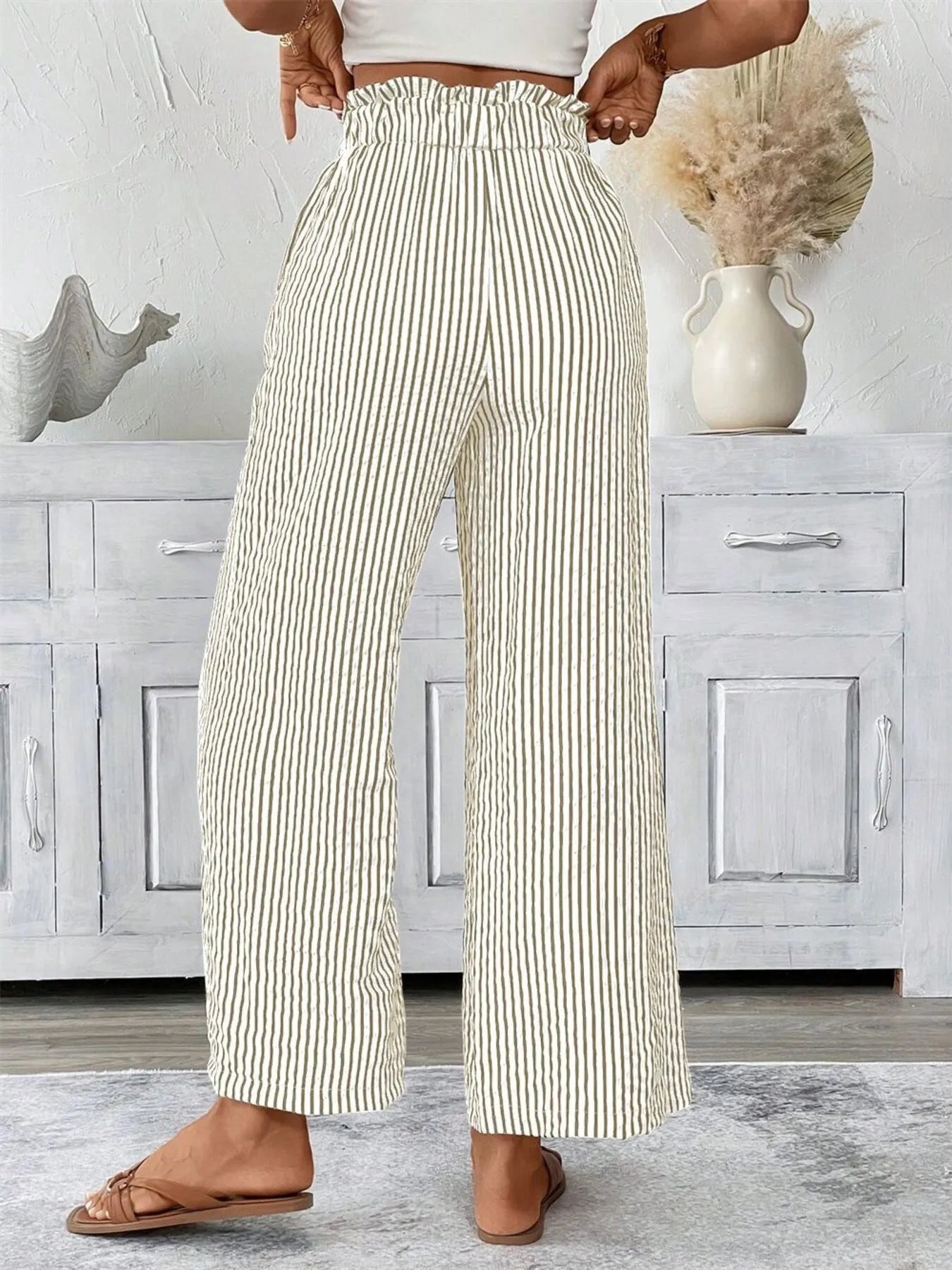 Full Size Striped Wide Leg Paper Bag Pants Plus Size - Velora