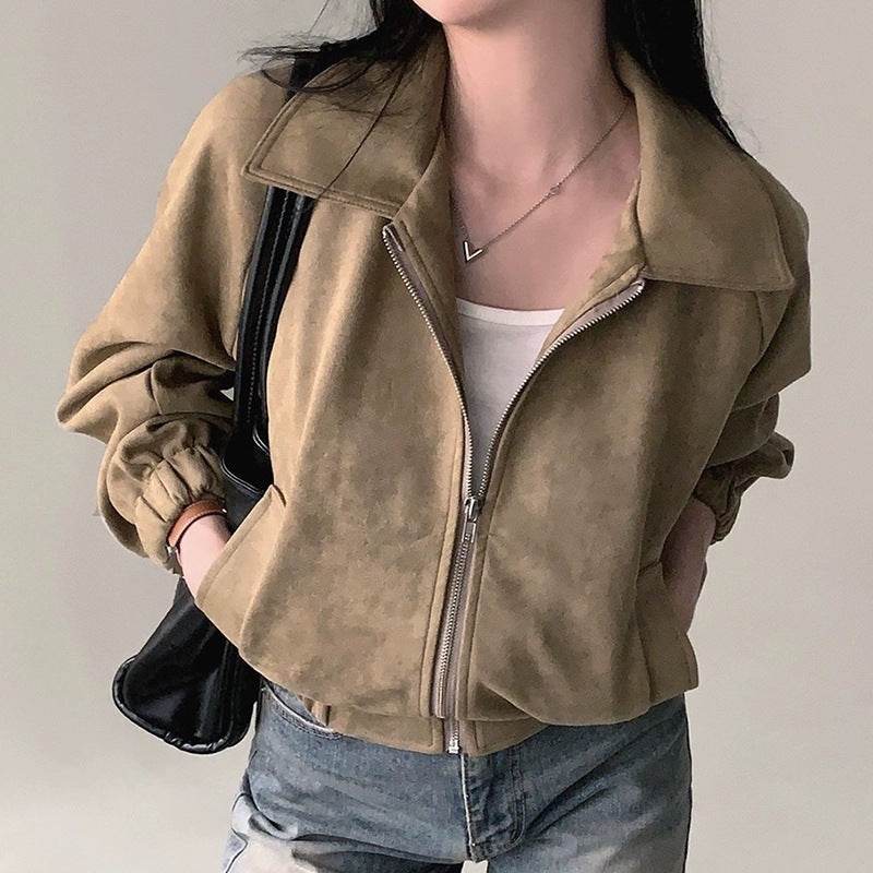 French Vintage Lapel Zip-up Suede Feeling Loose With Long Sleeves Short - Velora