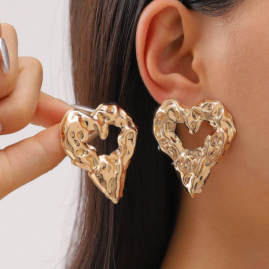 New Pleated Lava Hollow Heart-shaped Earrings Personality Exaggerated Love Earrings For Women Valentine's Day Jewelry - Velora