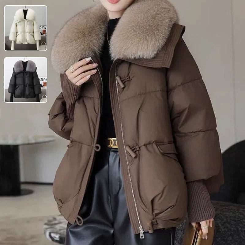 Women Cotton-padded Down Jacket Fur Collar Thick Puffer Winter Coat - Velora