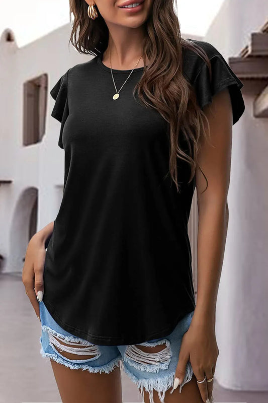Ruffled Round Neck Cap Sleeve Blouse - Velora