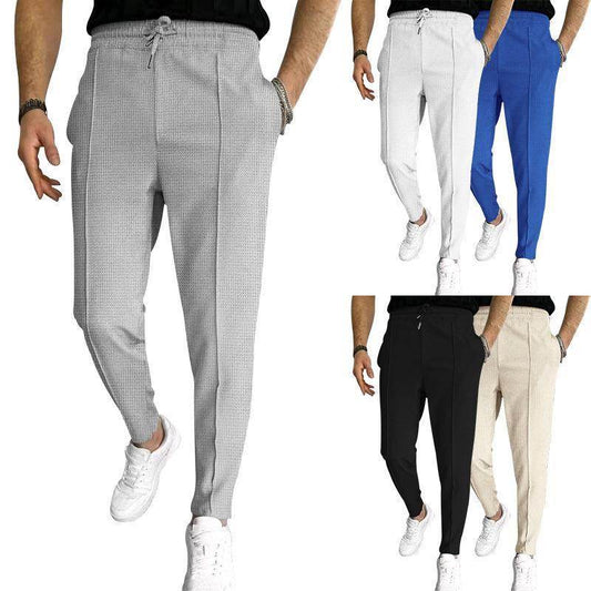 Men's Casual Fashion Waffle High Waist Drawstring Elastic fitted straight leg Pant - Velora