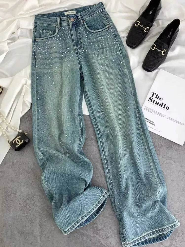 Starry Diamond In The Debris Rhinestone Straight Baggy Jeans Pant For Women - Velora