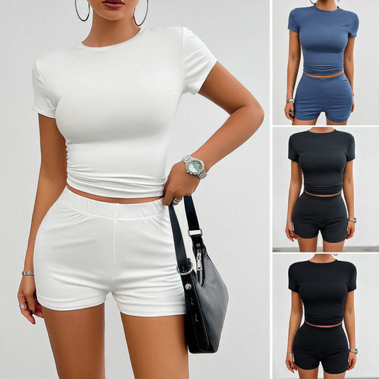 Solid Color Slim Sports Suit Summer 2Pcs Short-sleeved Round Neck T-shirt And Elastic Shorts Fashion Womens Clothing - Velora