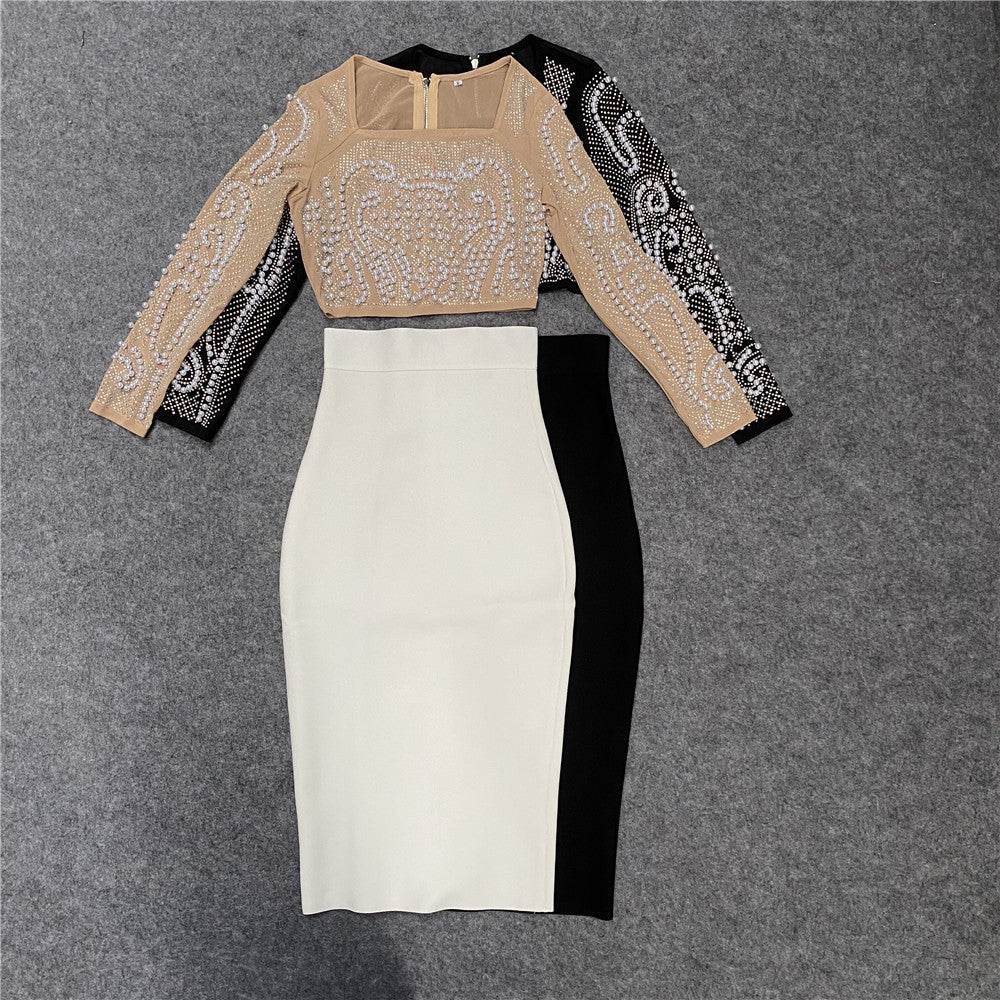 2pcs Beaded Studded Long Sleeve Mesh top and Midi Pencil skirt for work - Velora