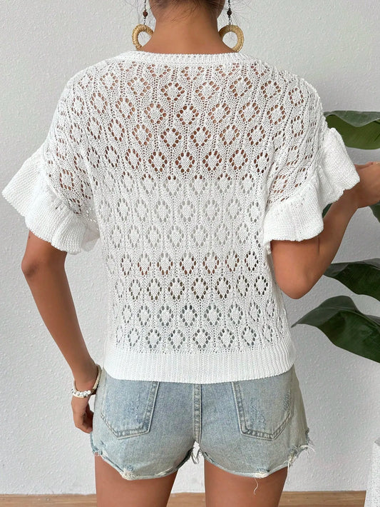Ruffled Openwork Round Neck Knit Top - Velora