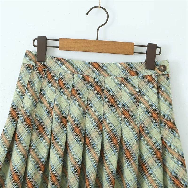 American Retro Low Waist Navel Plaid Pleated Long Skirt Women - Velora