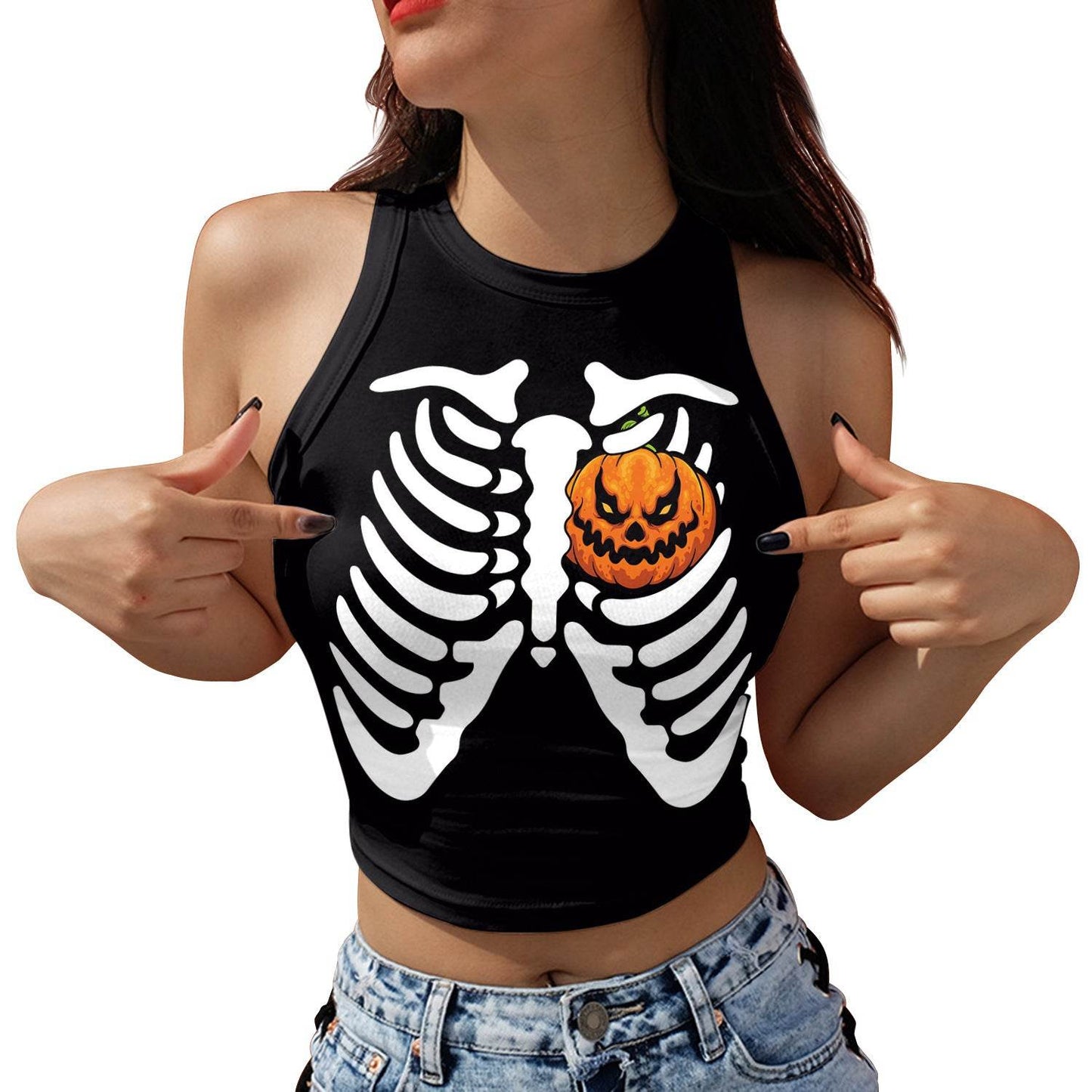 Halloween Printed Skeleton Skull Vest crop Top For Women - Velora