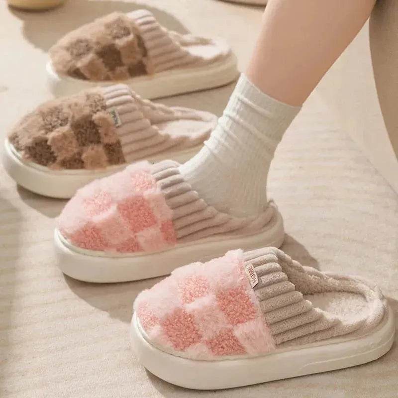 Plaid Plush Slippers Women's Indoor Plush Home Slippers Soft Sole Thick Non-Slip Warm House Shoes Couple Autumn And Winter - Velora
