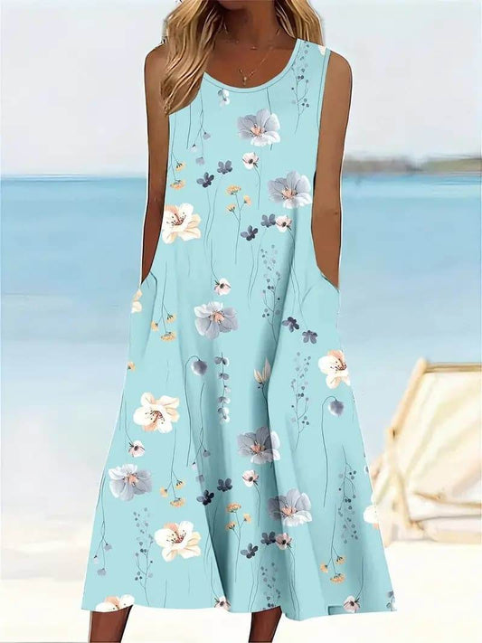 Plus-size Floral Print Pocket Sundress, Casual Sleeveless Round Neck Mid-length Dress - Velora